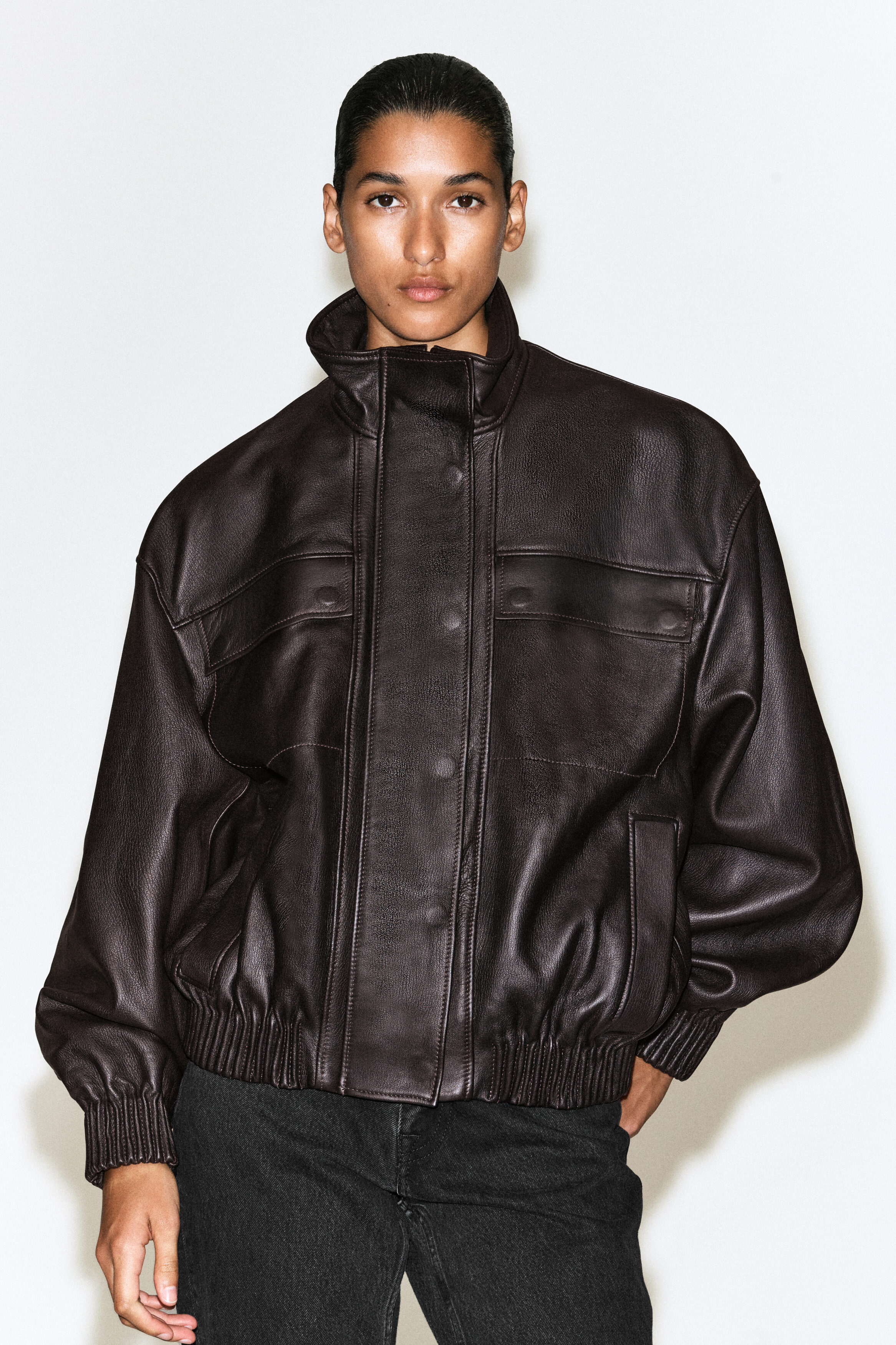 LEATHER MOCK-NECK BOMBER JACKET - DARK BROWN | COS US