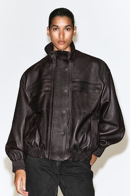 LEATHER MOCK-NECK BOMBER JACKET — DARK BROWN 6
