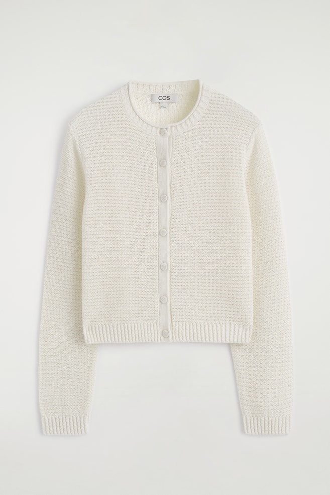 TEXTURED KNITTED COTTON CARDIGAN - WHITE - 1