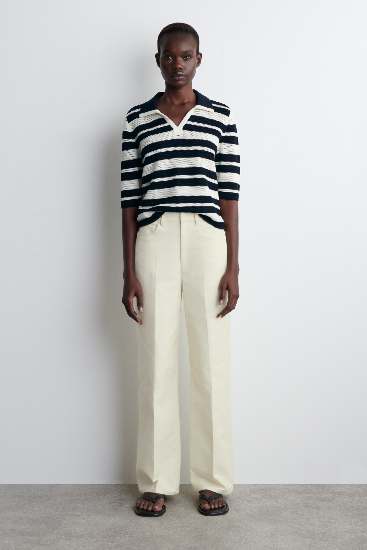 POLO EN MAILLE AJOURÉE - BLANC / RAYURES - 4