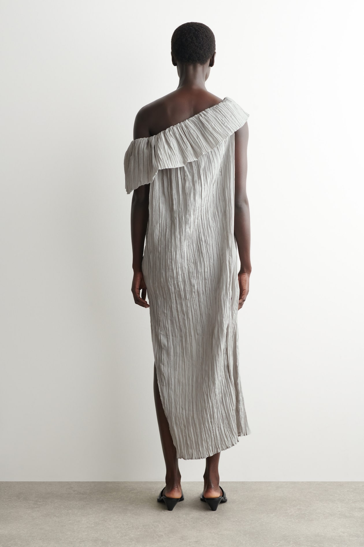 ASYMMETRIC PLEATED SILK GOWN — DOVE GRAY