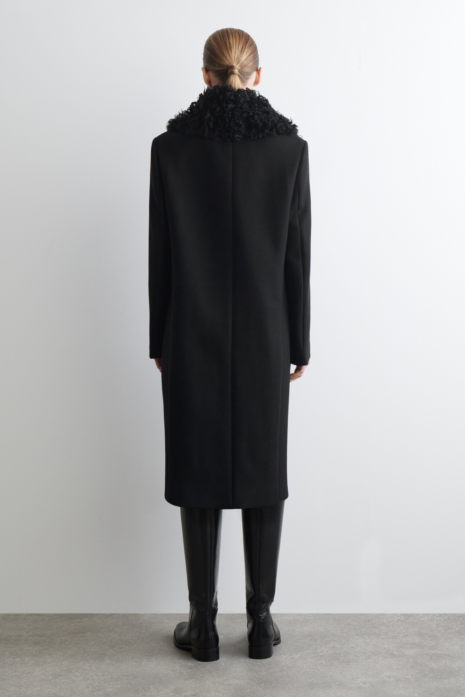 SHEARLING-COLLAR WOOL COAT - BLACK - 5