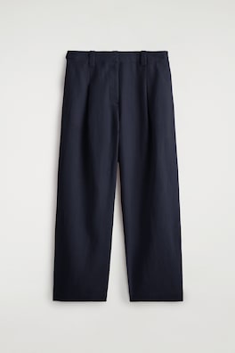 BUCKLE-DETAIL LINEN BARREL-LEG PANTS — NAVY 8