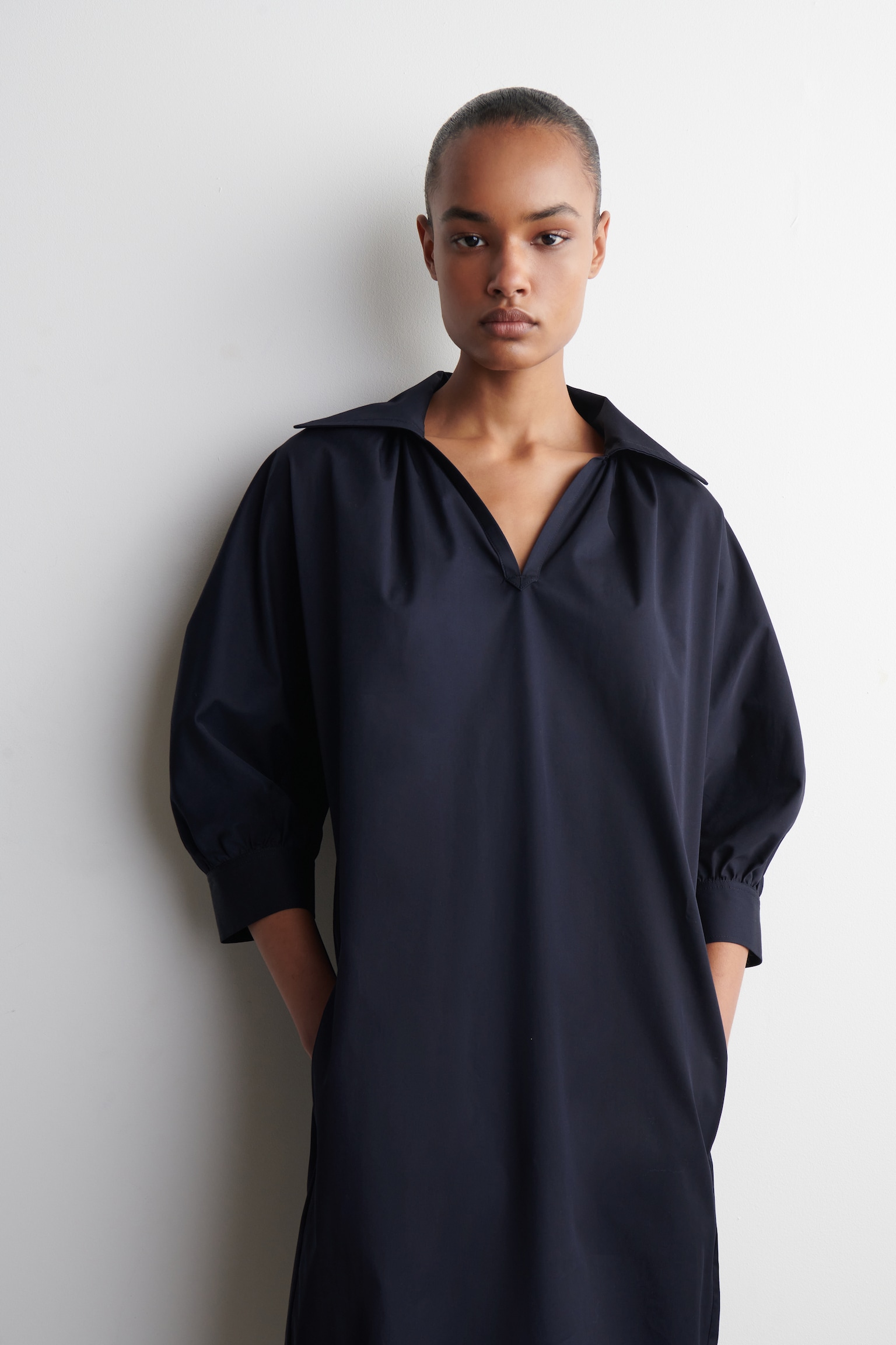ROBE-CHEMISE MIDI EN COTON FRONCÉ - BLEU MARINE - 3