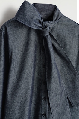BOW-DETAIL DENIM SHIRT — INDIGO 6