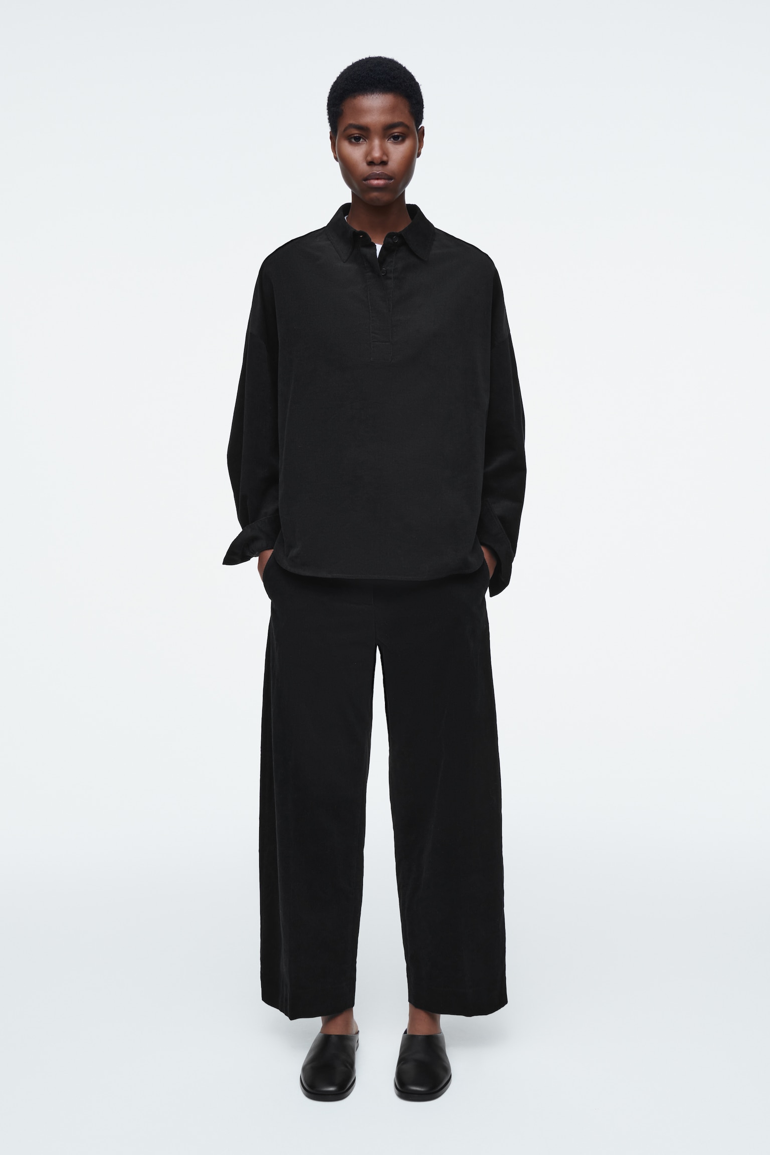 RELAXED CORDUROY HALF-PLACKET SHIRT - BLACK/BEIGE - 8