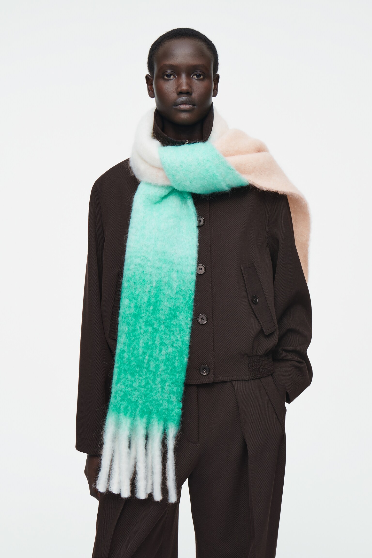 FRINGED BRUSHED-MOHAIR SCARF - GREEN / APRICOT / OMBRÉ/PISTACHIO