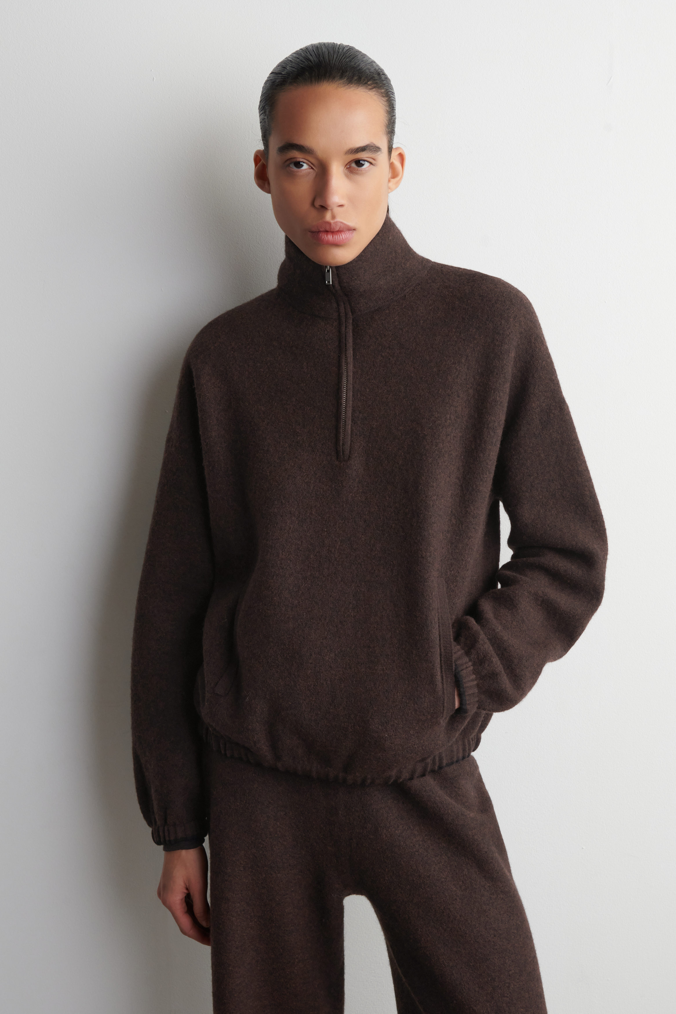 BOILED MERINO WOOL ZIP-UP SWEATER - BROWN MÉLANGE | COS US