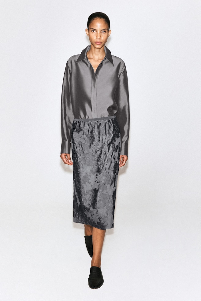 EMBROIDERED SHEER COLUMN SKIRT — HEATHER