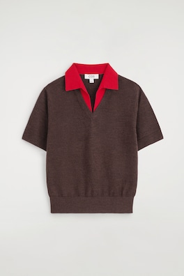 MERINO WOOL LAYERED POLO SHIRT — BROWN / RED 7