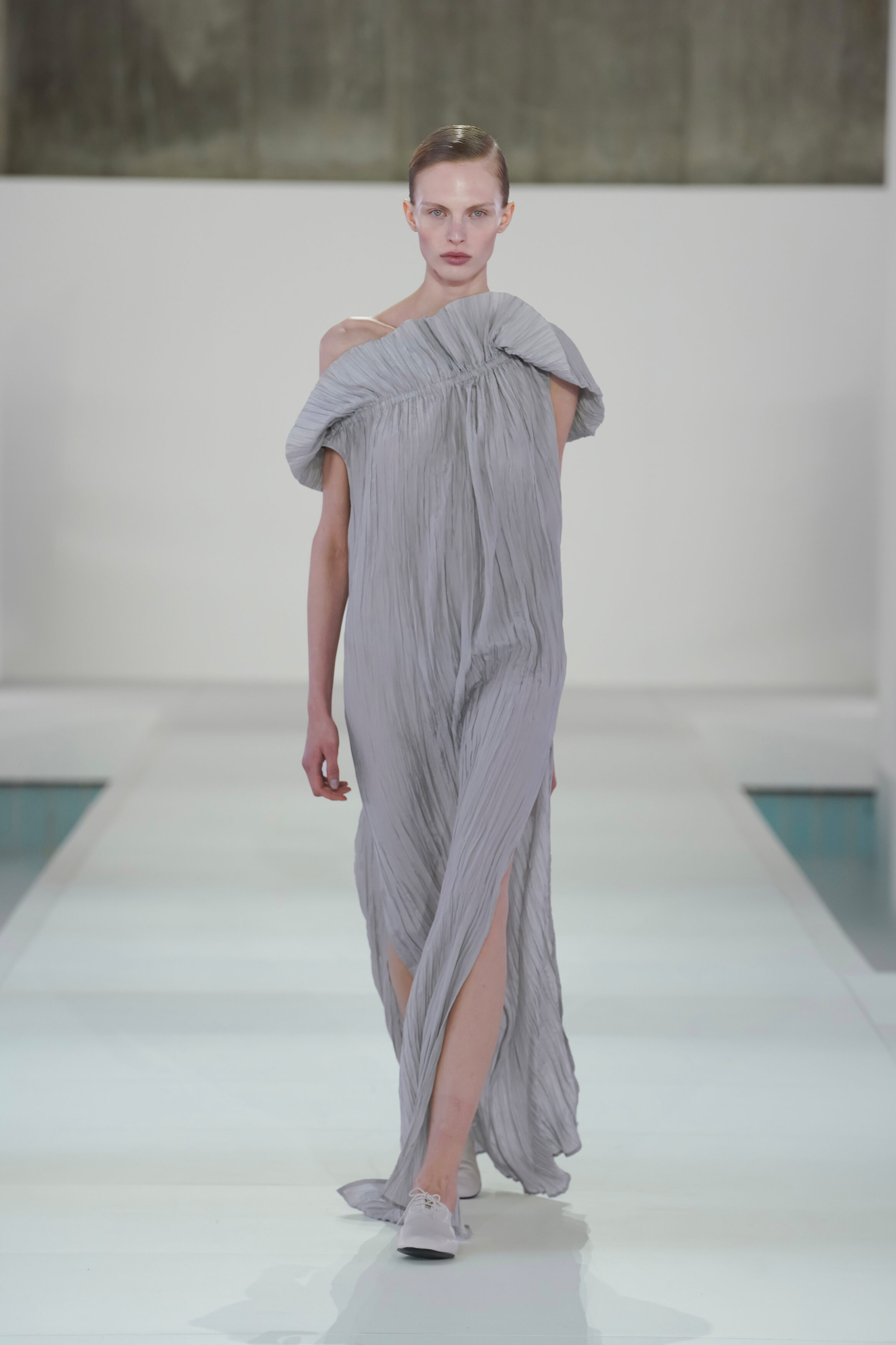 COS Women's Asymmetric Pleated Gown Dress in Gray | Silk