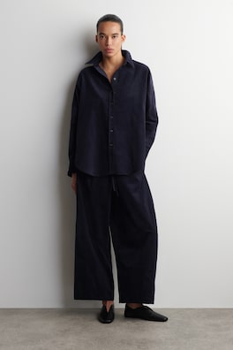 ELASTICATED CORDUROY BARREL-LEG TROUSERS — NAVY 2