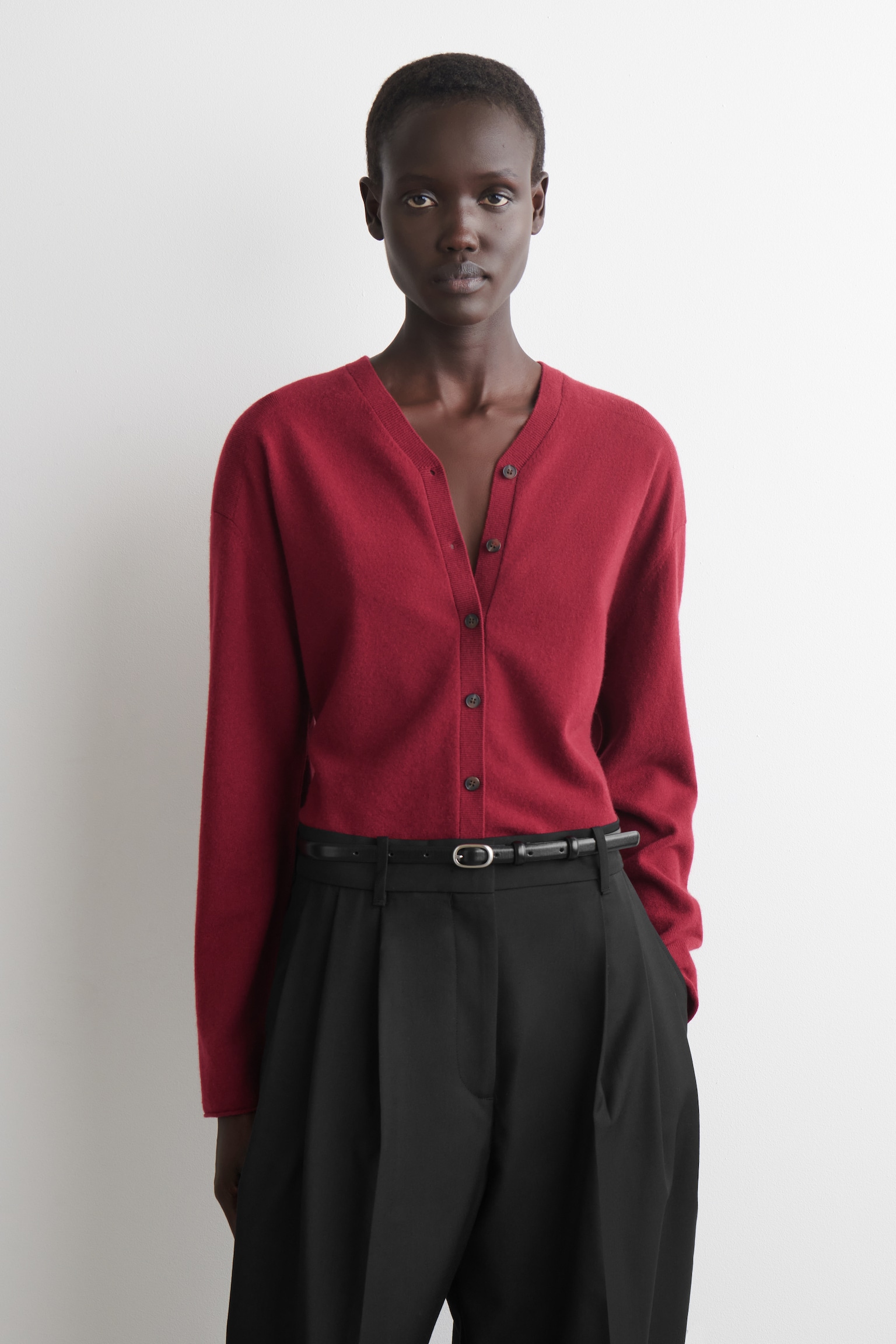 CÁRDIGAN CON CUELLO DE PICO DE LANA MERINO - ROJO/MARRÓN OSCURO/BEIGE JASPEADO - 1