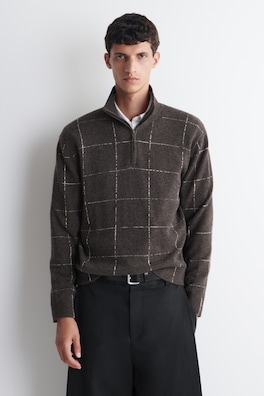 CHECKED WOOL-COTTON ZIP-UP SWEATER — BROWN / CHECKED 1