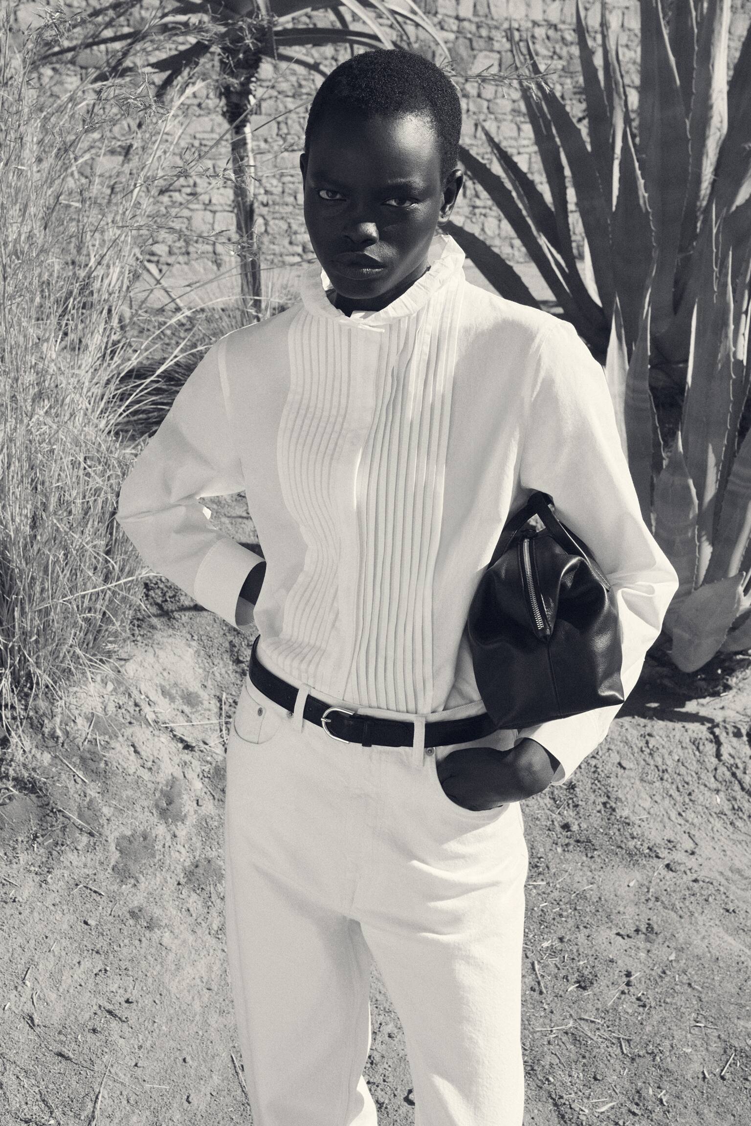 BLUSA IN COTONE CON PIEGHE - BIANCO/MARRONE - 5