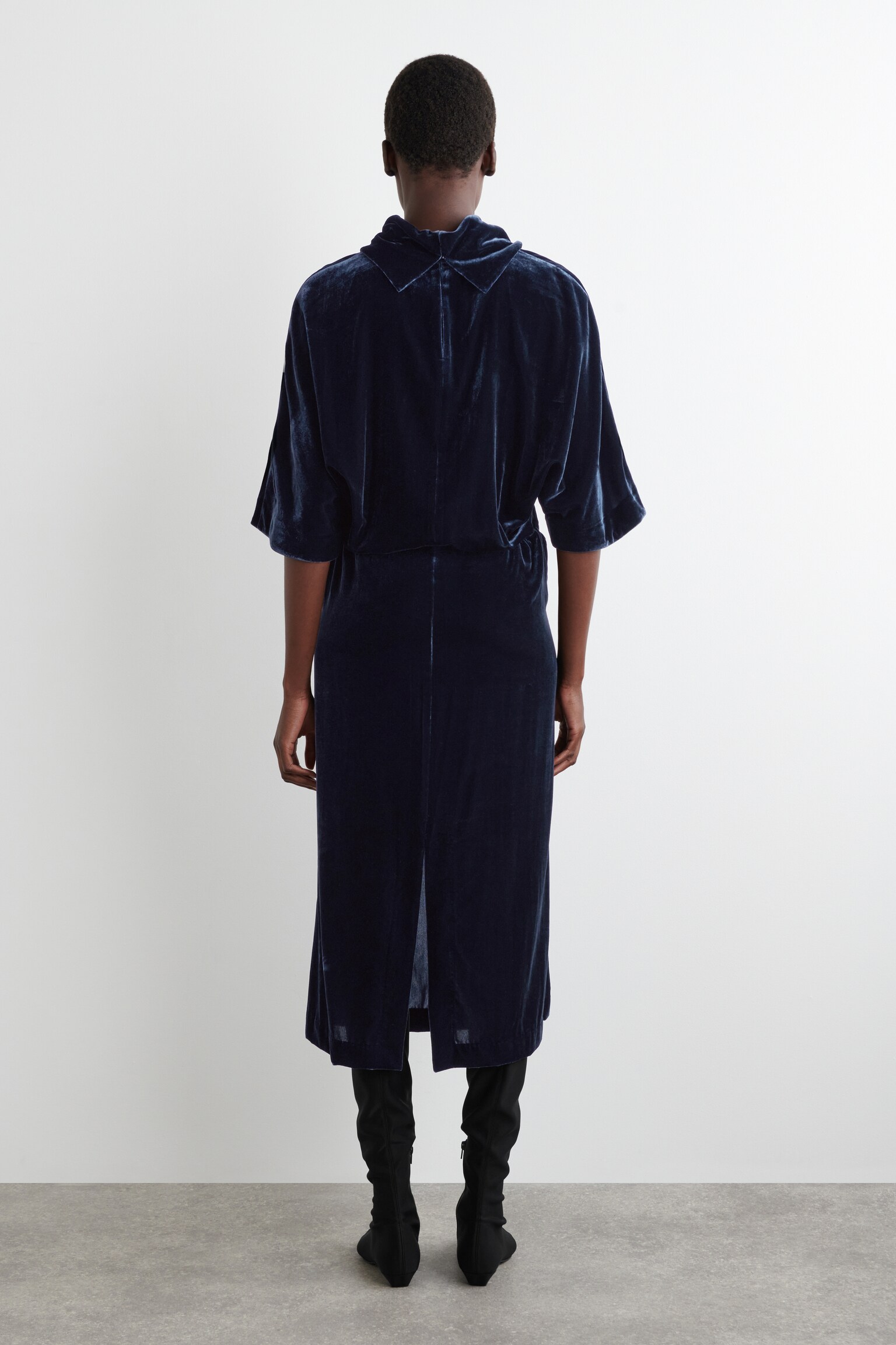 DRAPED-NECK VELVET MIDI DRESS - NAVY/DARK BROWN - 4