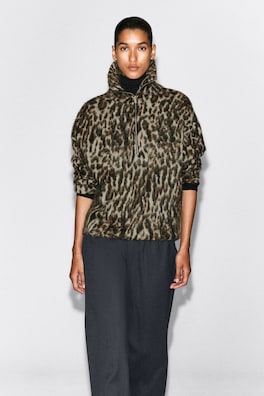 LEOPARD-JACQUARD ZIP-UP SWEATER — BROWN / LEOPARD 1