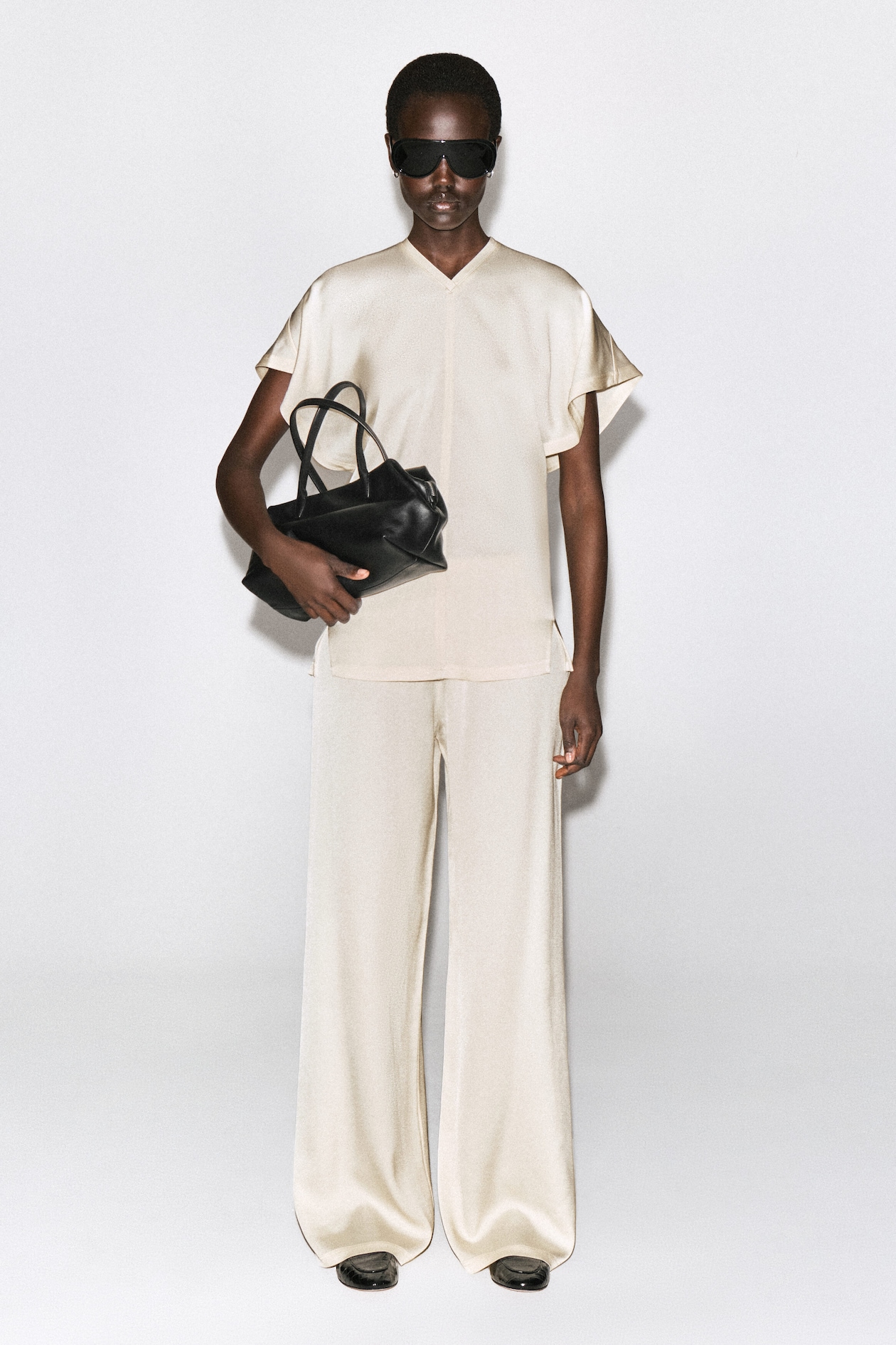 ELASTICATED CREPE STRAIGHT-LEG PANTS — IVORY