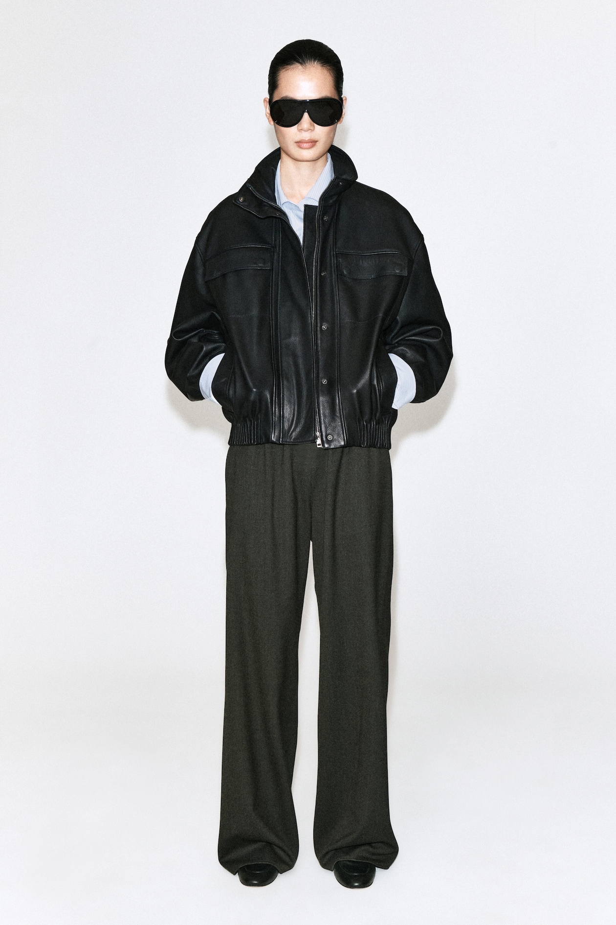 WOOL-BLEND WIDE-LEG PANTS — DARK GRAY