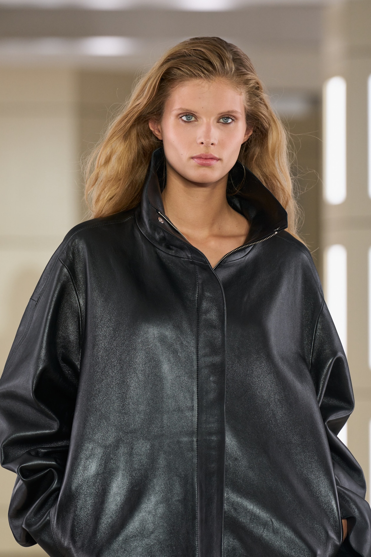 LEATHER FUNNEL-NECK JACKET — BLACK