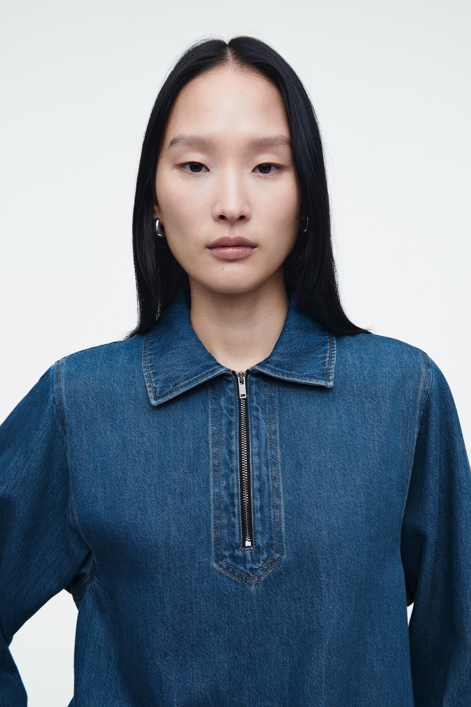 BLOUSE DEMI-ZIPPÉE EN DENIM - BLEU - 8