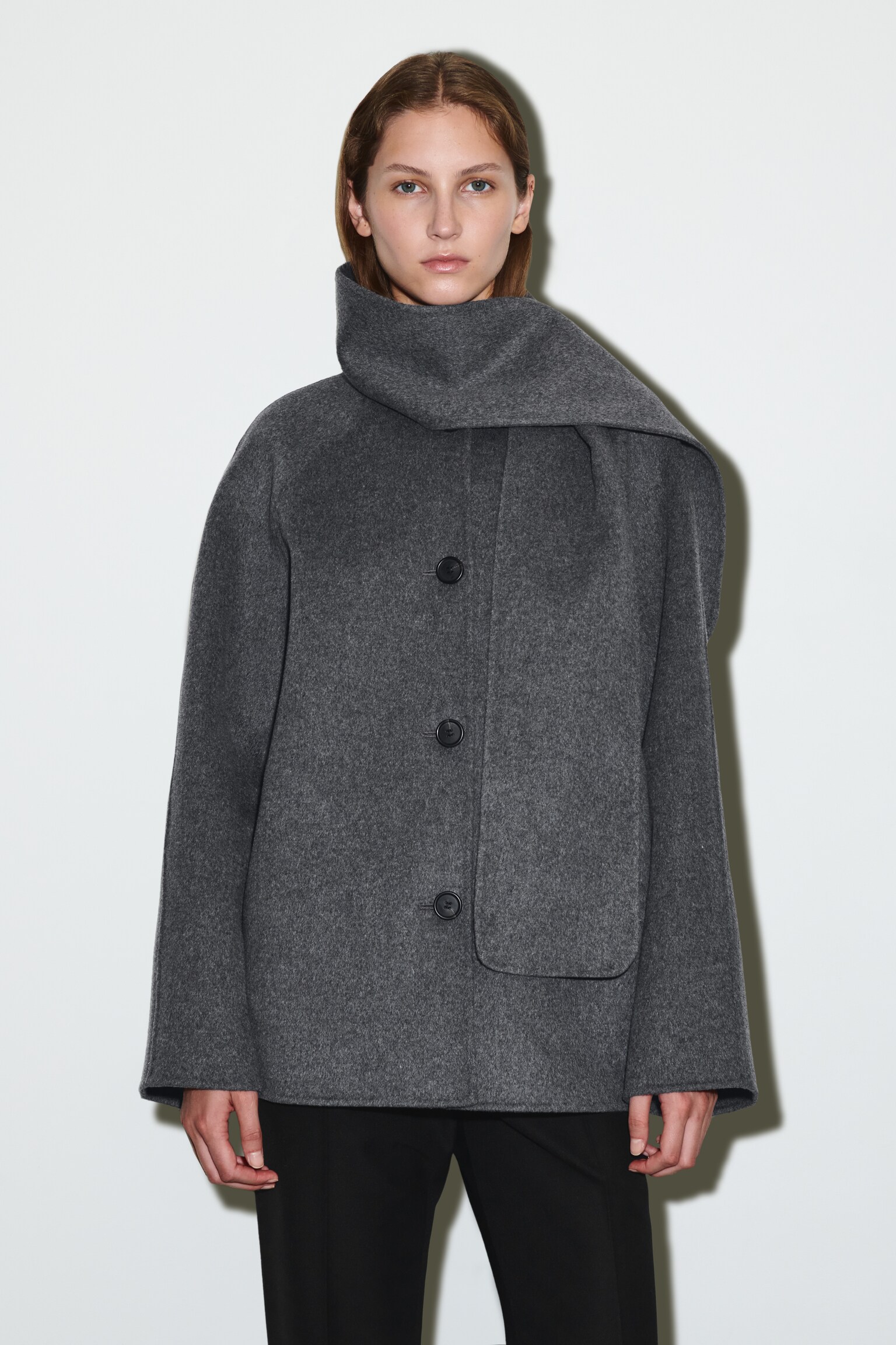 KURZJACKE AUS DOUBLEFACE-WOLLE MIT SCHAL - GRAU/BEIGE/KARIERT/SCHWARZ - 4