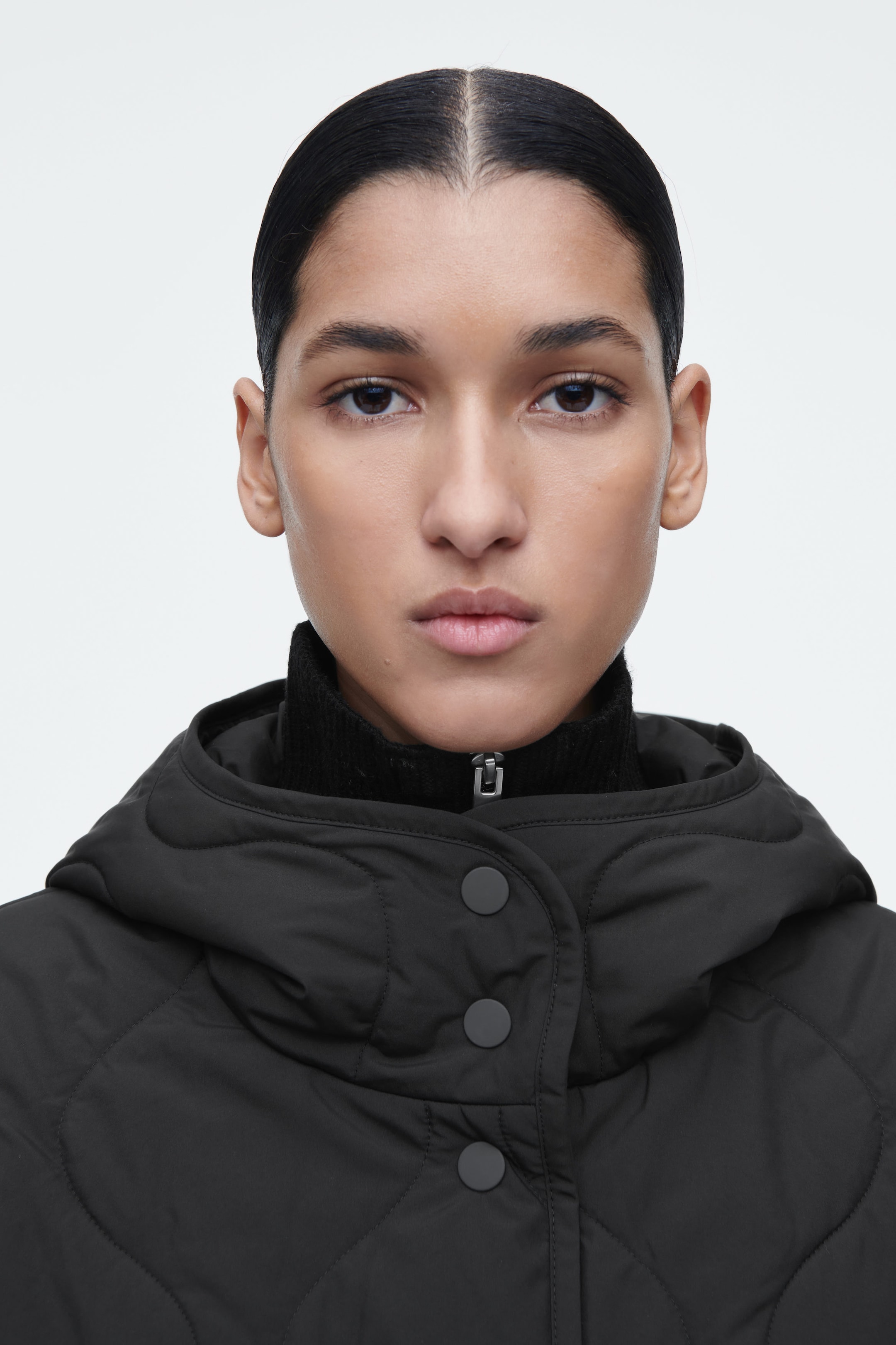 QUILTED HOODED FUNNEL-NECK JACKET