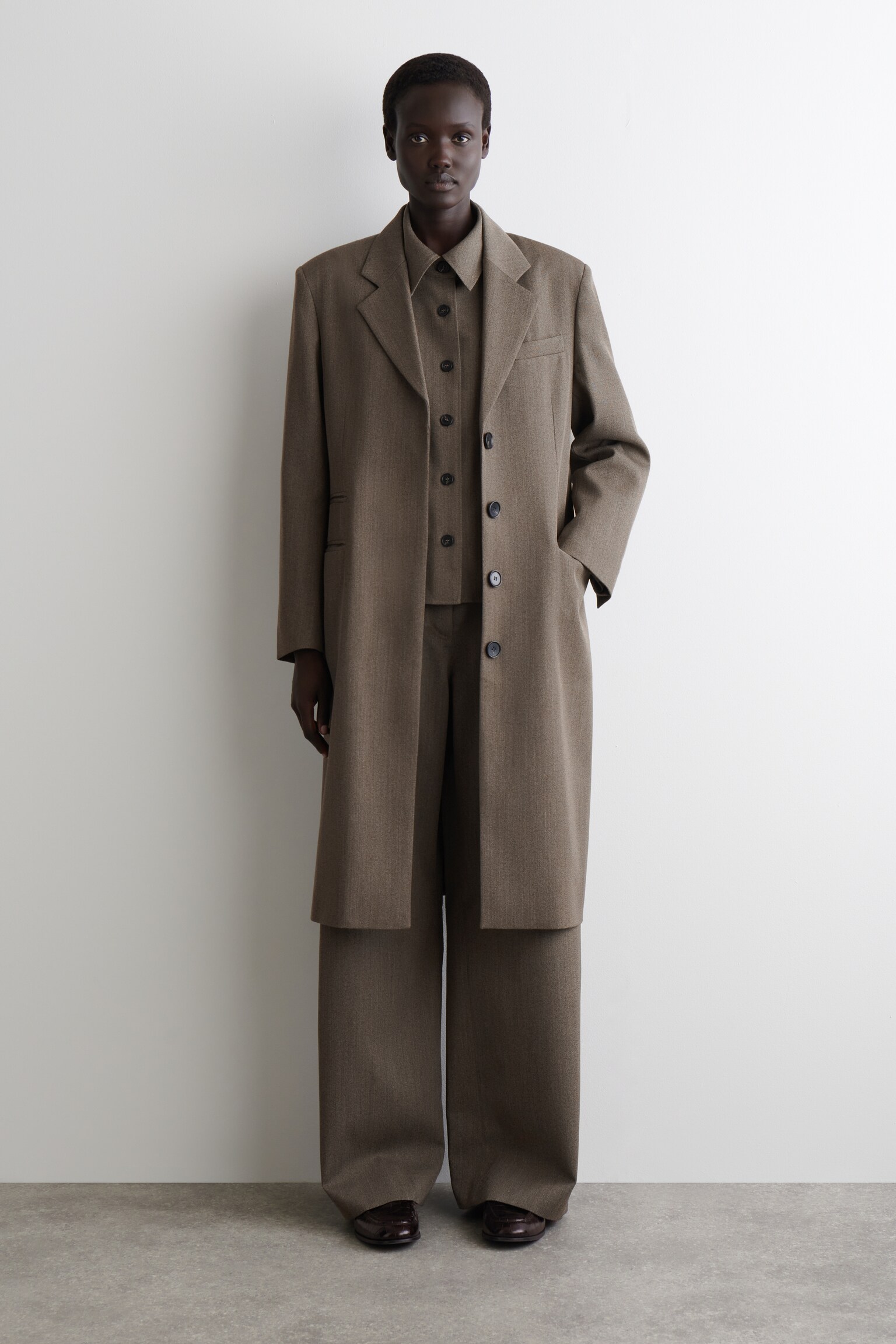 MANTEAU LONG À BOUTONNAGE SIMPLE EN LAINE MÉLANGÉE - BRUN - 3