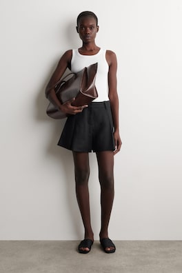 PLEATED BELTED LINEN SHORTS — BLACK 1