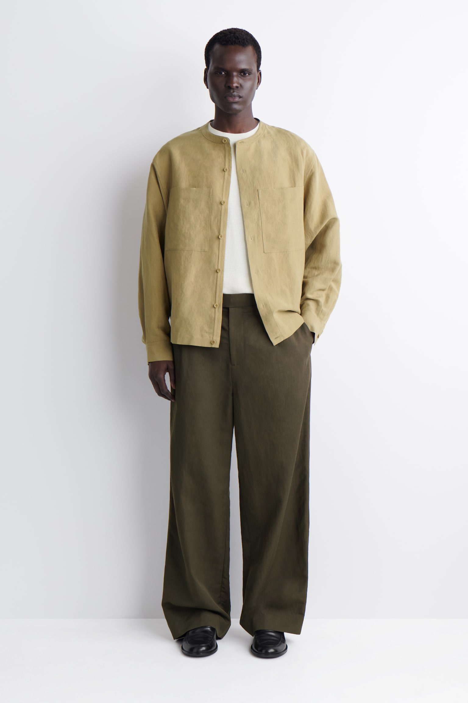 OVERSIZED GRANDAD-COLLAR LINEN SHIRT - BEIGE/DARK BROWN - 8