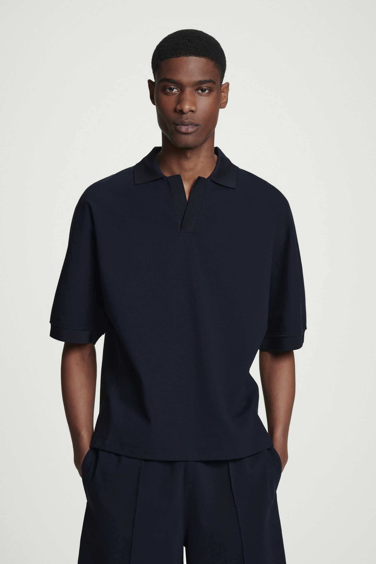 OPEN-COLLAR MERCERISED-JERSEY POLO SHIRT - NAVY/WHITE