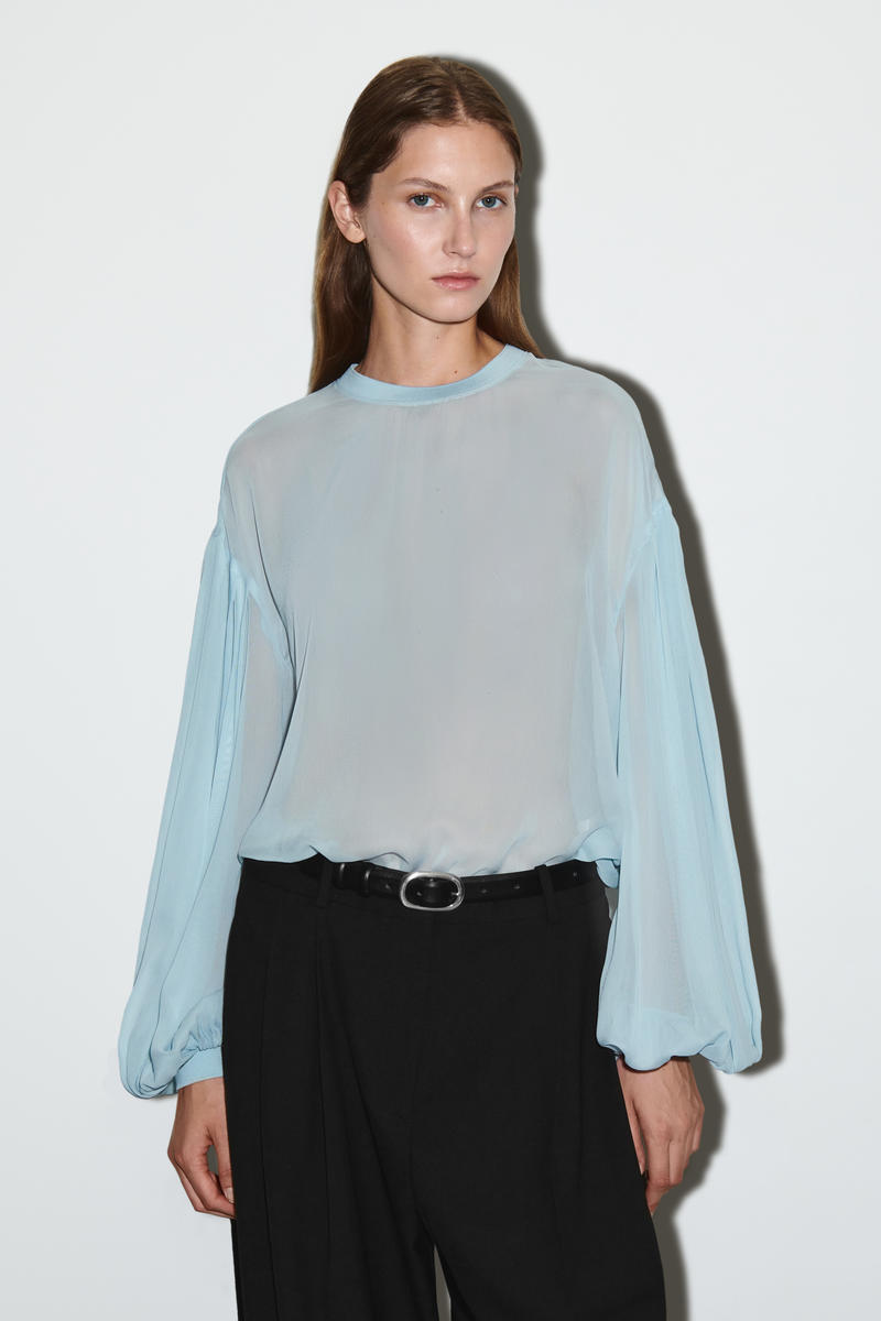 Cos Sheer Balloon-sleeve Blouse In Blue In Blue