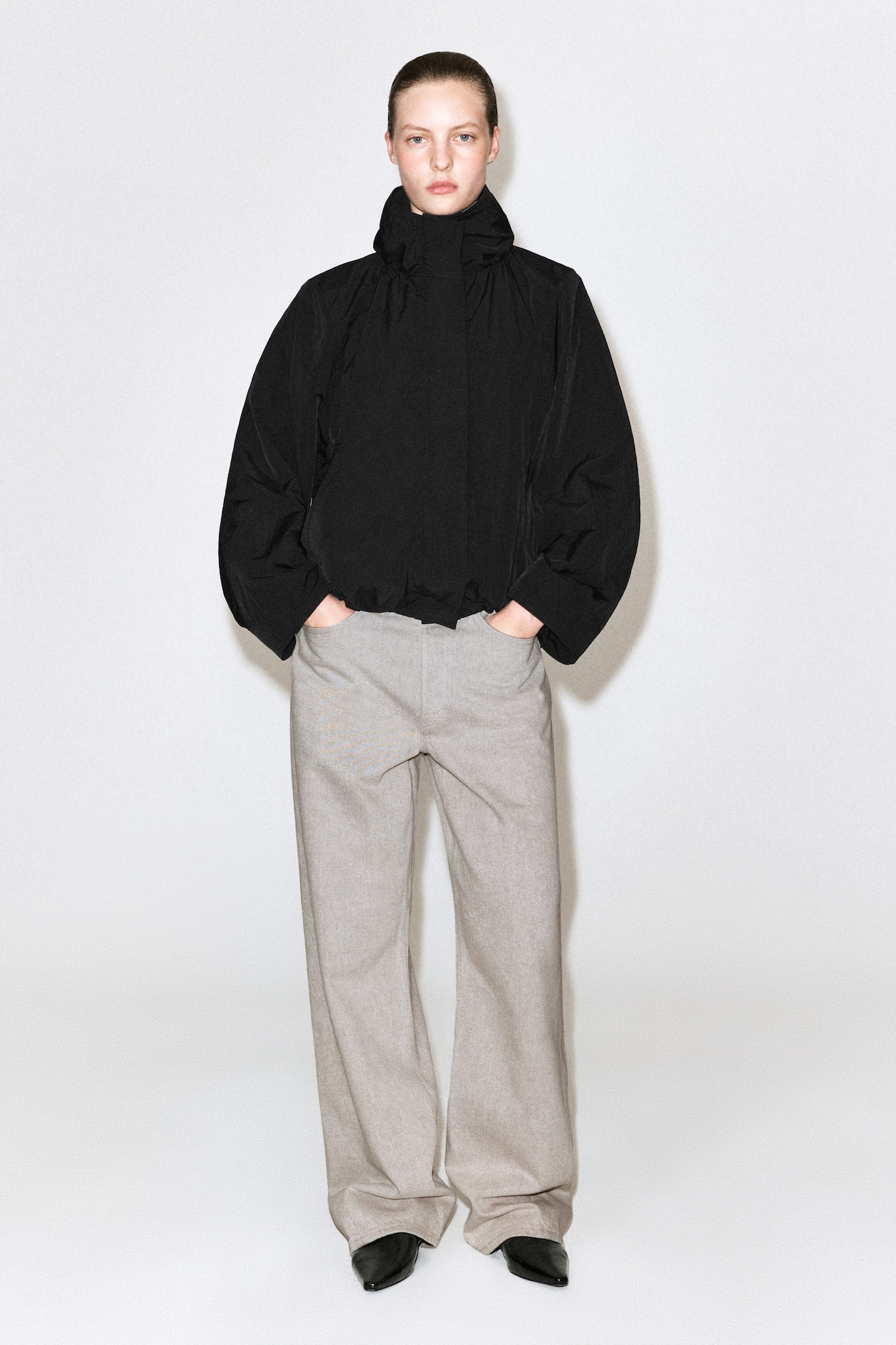 NYLON mock-NECK JACKET — BLACK