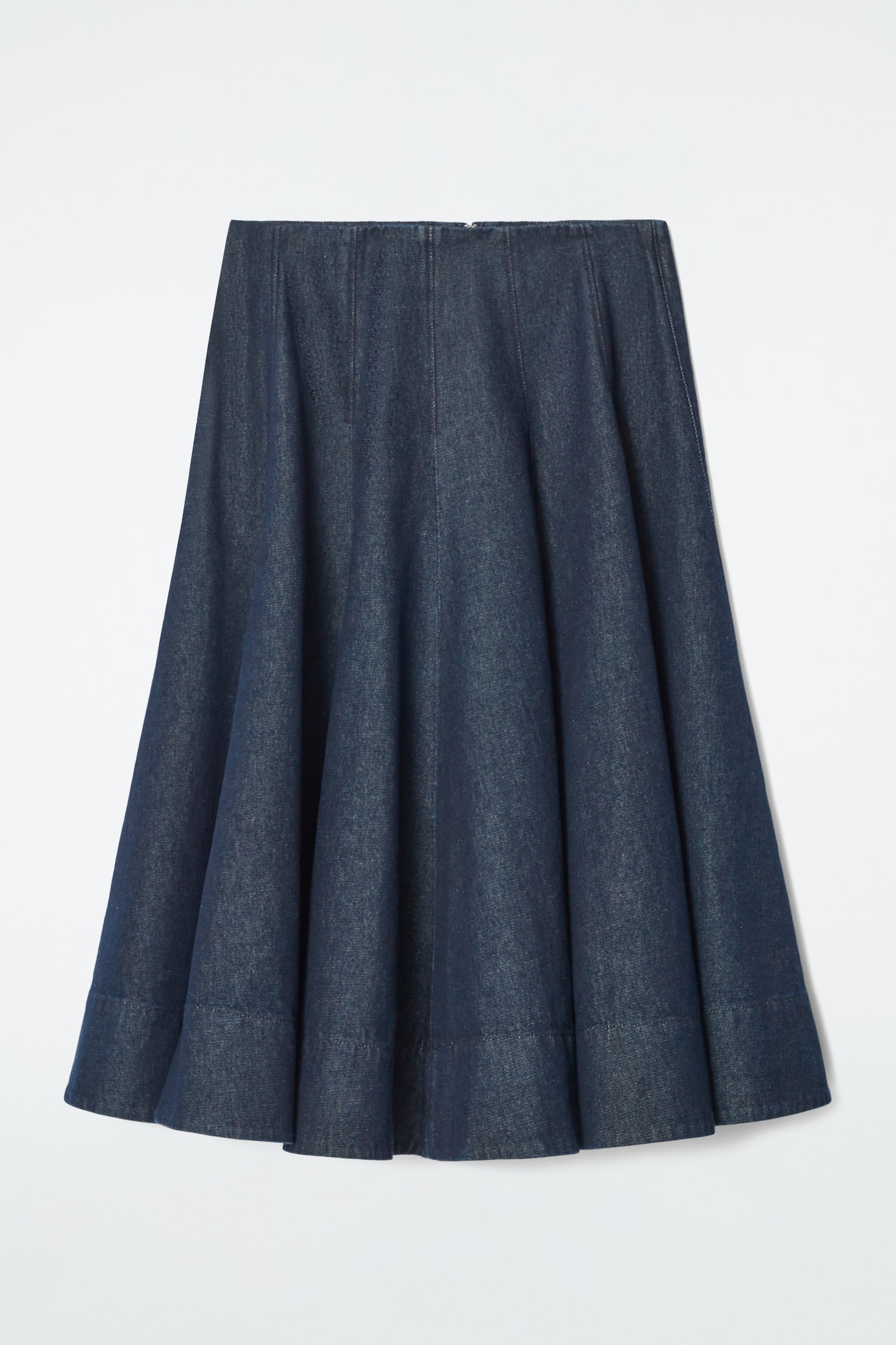 VOLUMINOUS A-LINE DENIM MIDI SKIRT - INDIGO