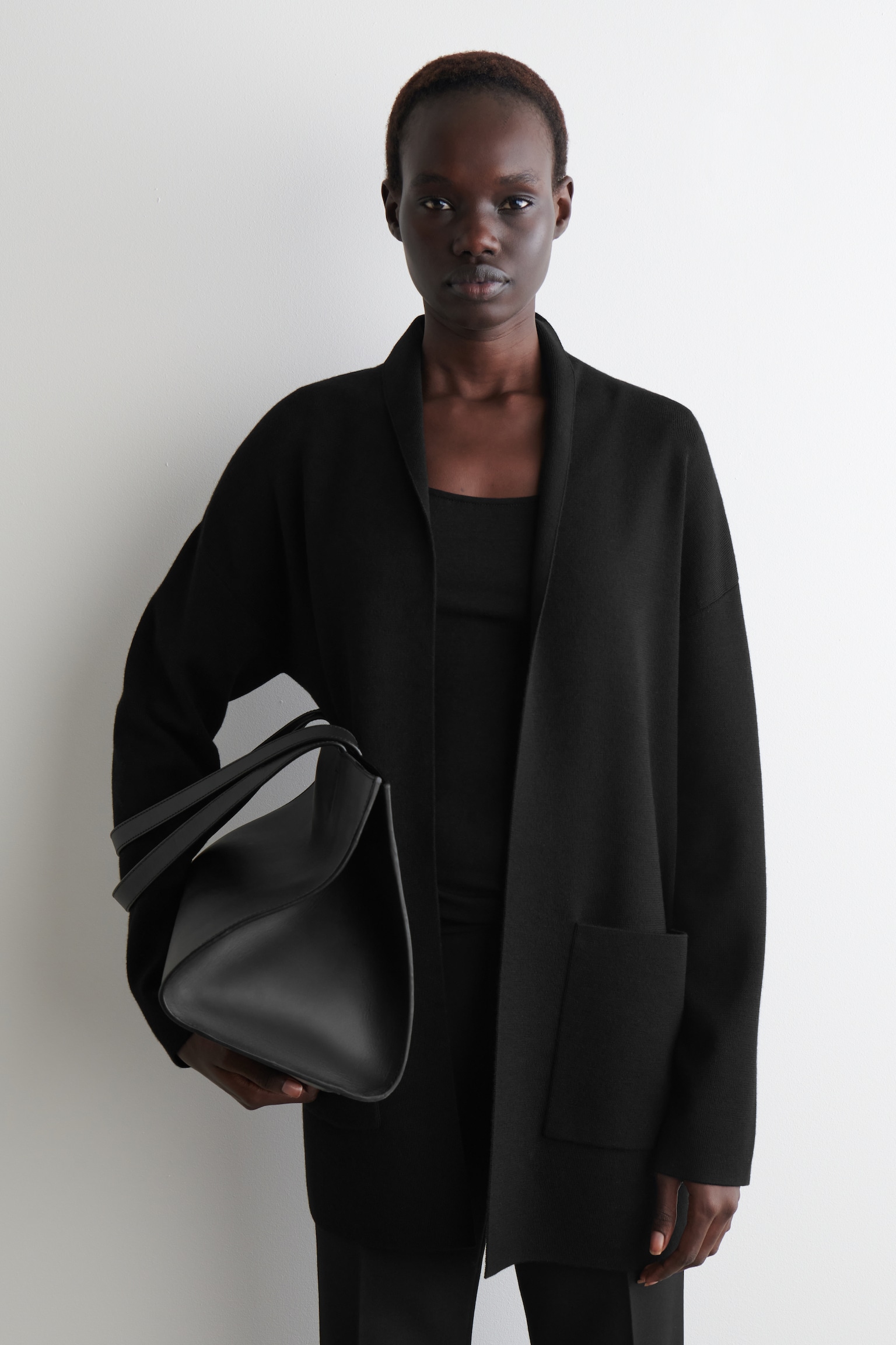 DRAPED-COLLAR MERINO WOOL CARDIGAN - BLACK - 6