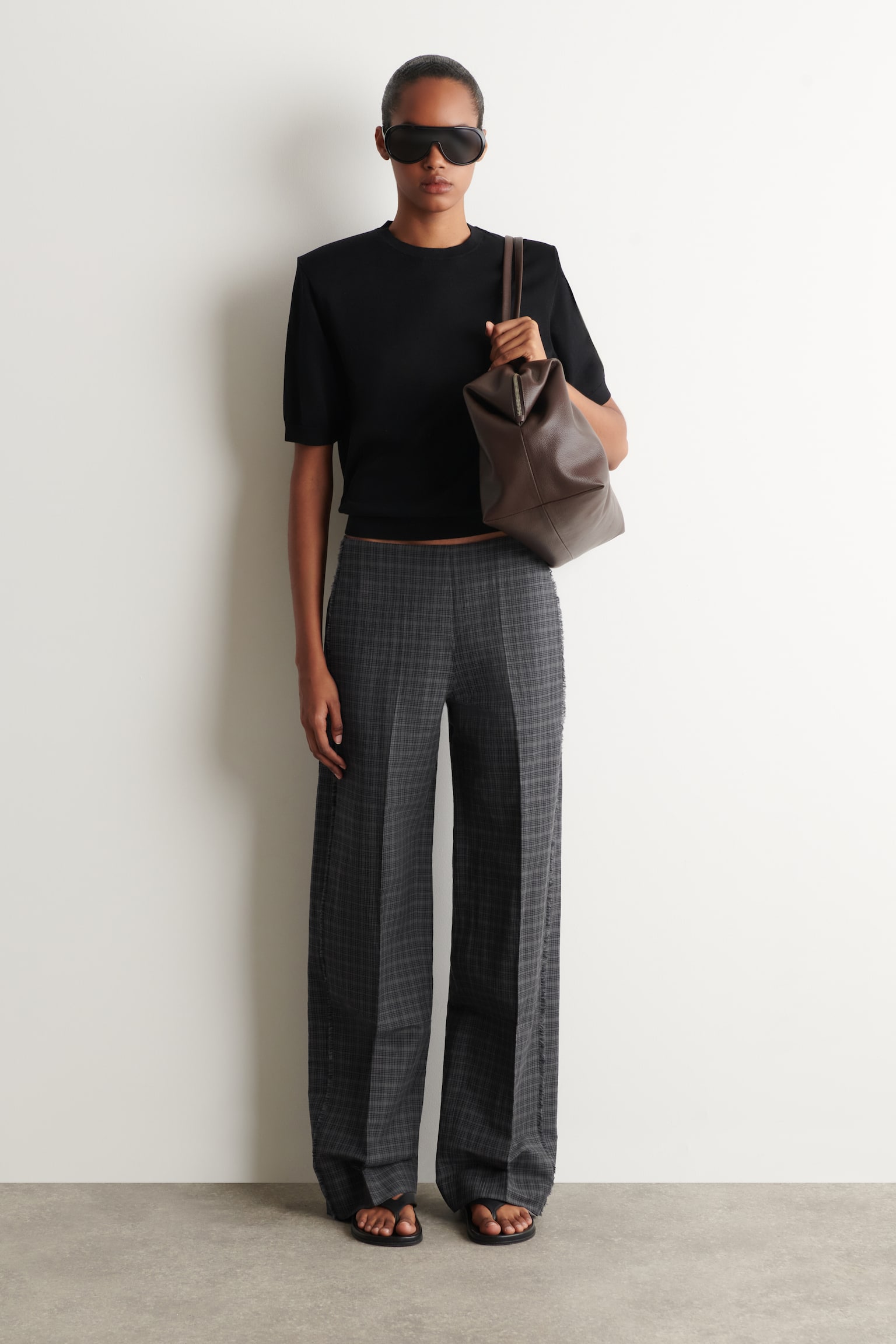 FRINGED CHECKED LINEN-COTTON TROUSERS - GREY / BROWN / CHECKED - 1