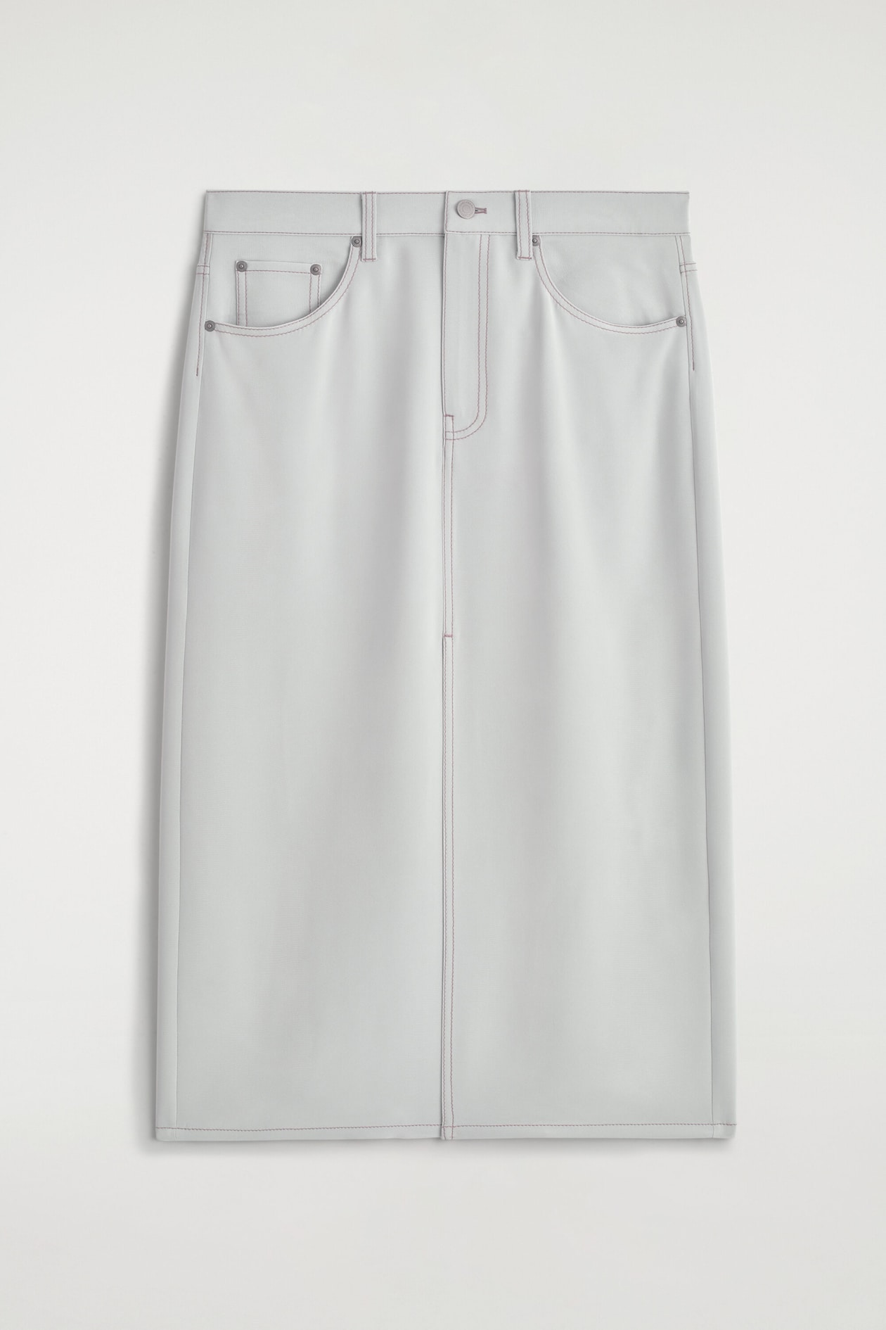 DENIM-EFFECT SILK MIDI SKIRT — LIGHT GRAY