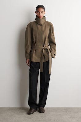 BELTED COTTON SHORT TRENCH JACKET — BROWN 1
