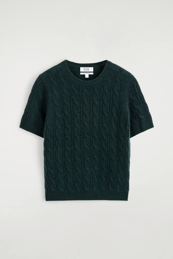 T-SHIRT AUS KASCHMIR MIT ZOPFSTRICKMUSTER - DUNKELGRÜN/ELFENBEIN - 1