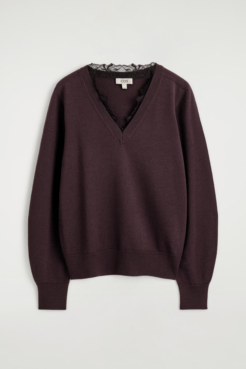 Lace-Detail Merino Wool V-Neck Sweater