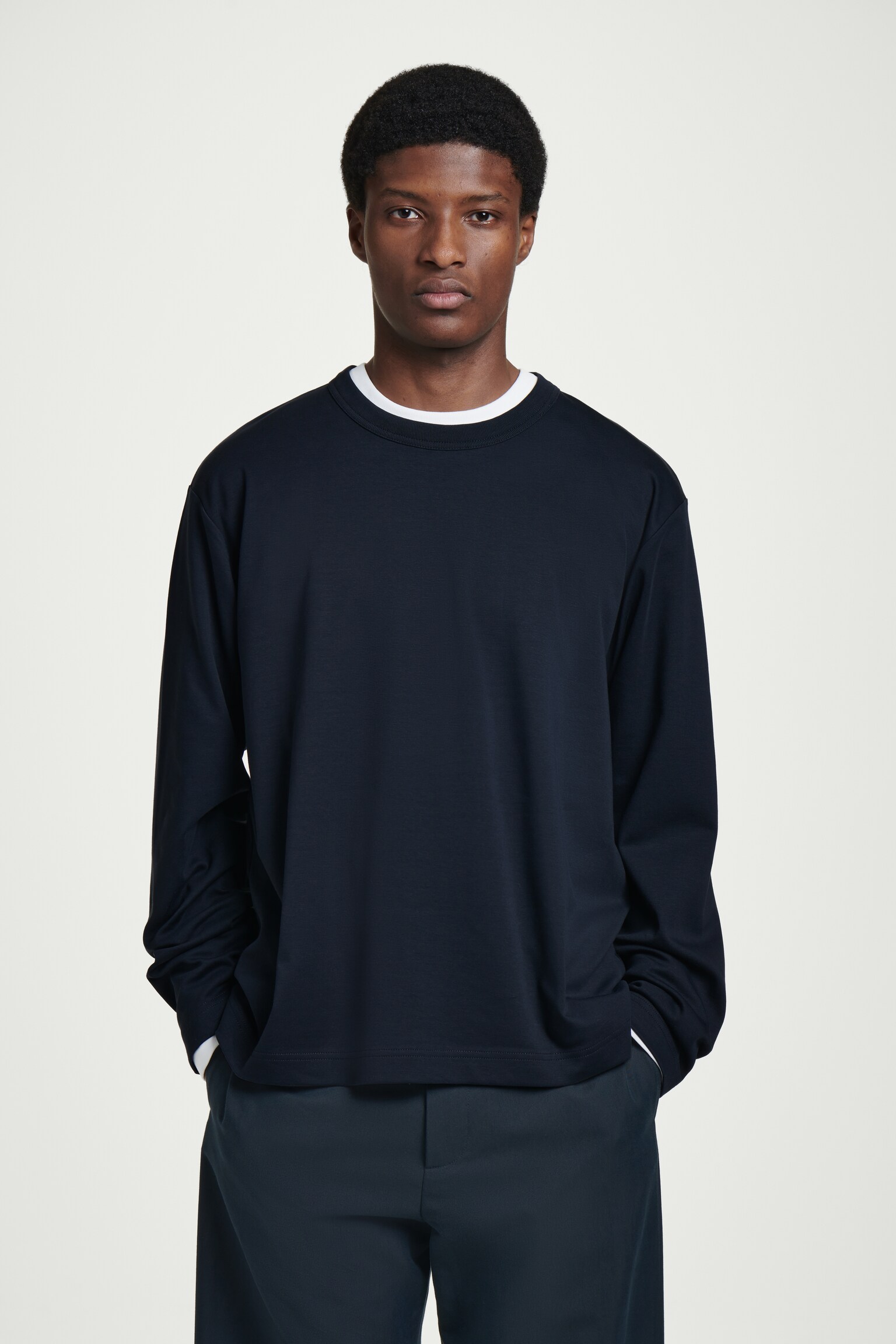 RELAXED JERSEY INTERLOCK LONG-SLEEVED T-SHIRT - NAVY/BORDEAUX/BLACK/BLUE/WHITE/RED / WHITE / STRIPED/DARK GREEN