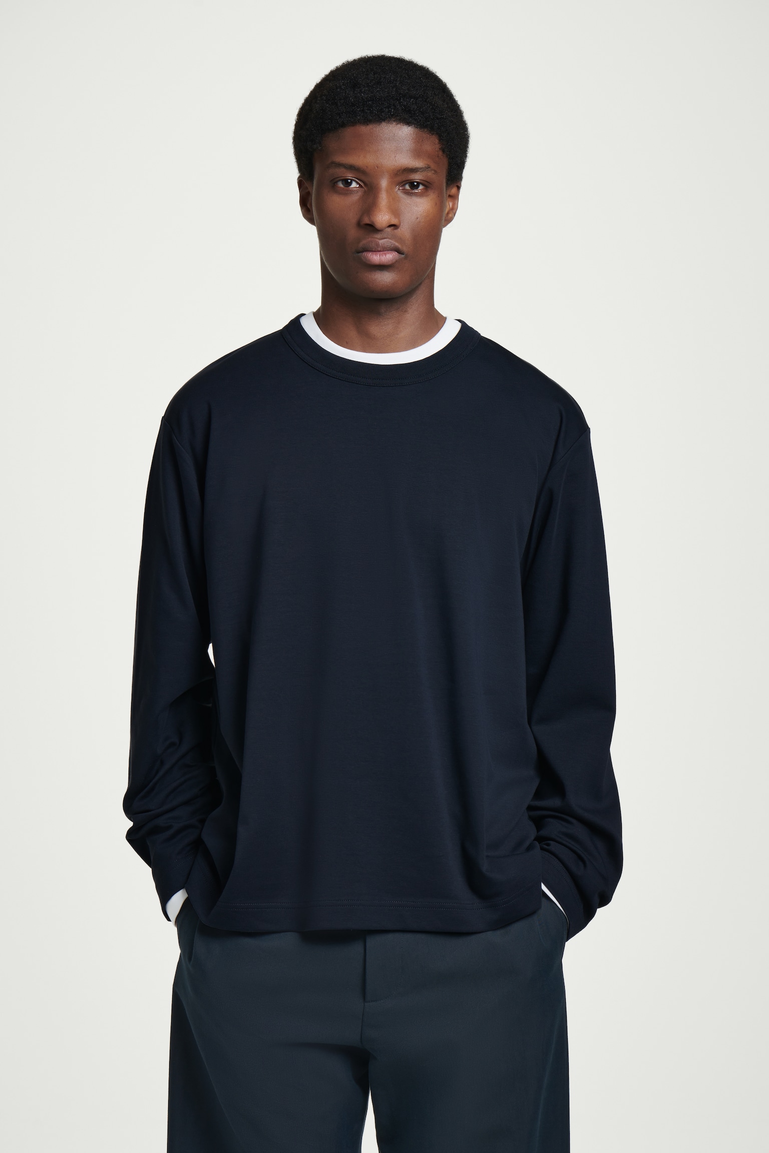 RELAXED JERSEY INTERLOCK LONG-SLEEVED T-SHIRT - NAVY/BLACK/BLUE/WHITE/RED / WHITE / STRIPED/DARK GREEN