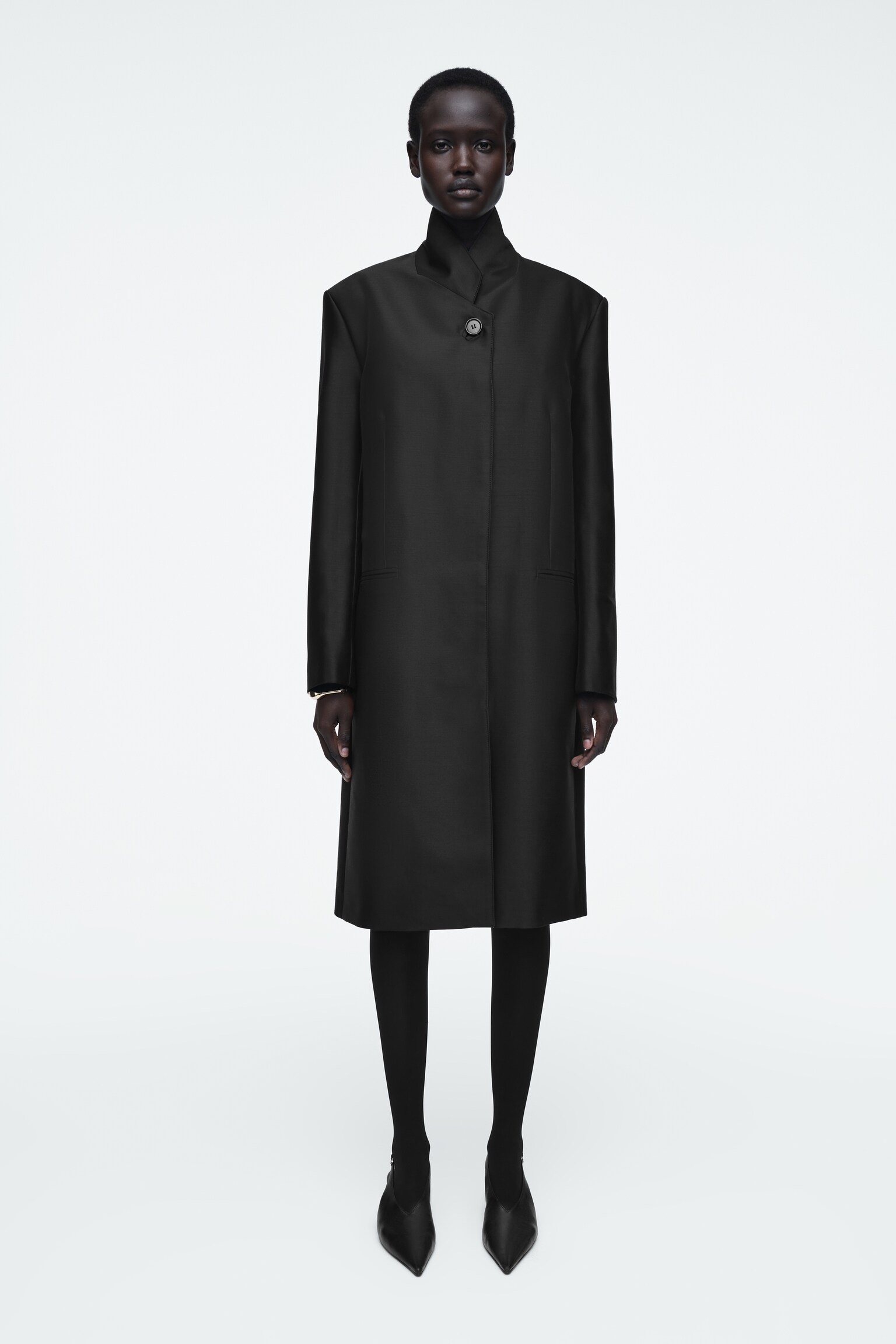 SINGLE-BREASTED WOOL-SATIN COAT - BLACK