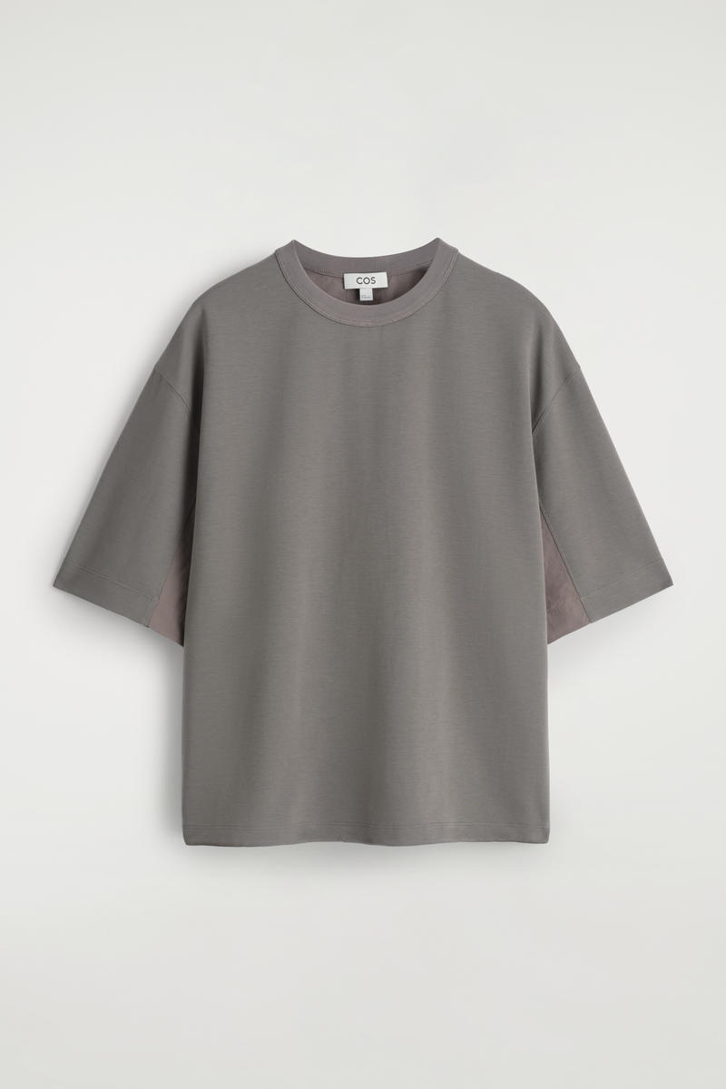 Oversized Nylon-Panelled T-Shirt in Brown