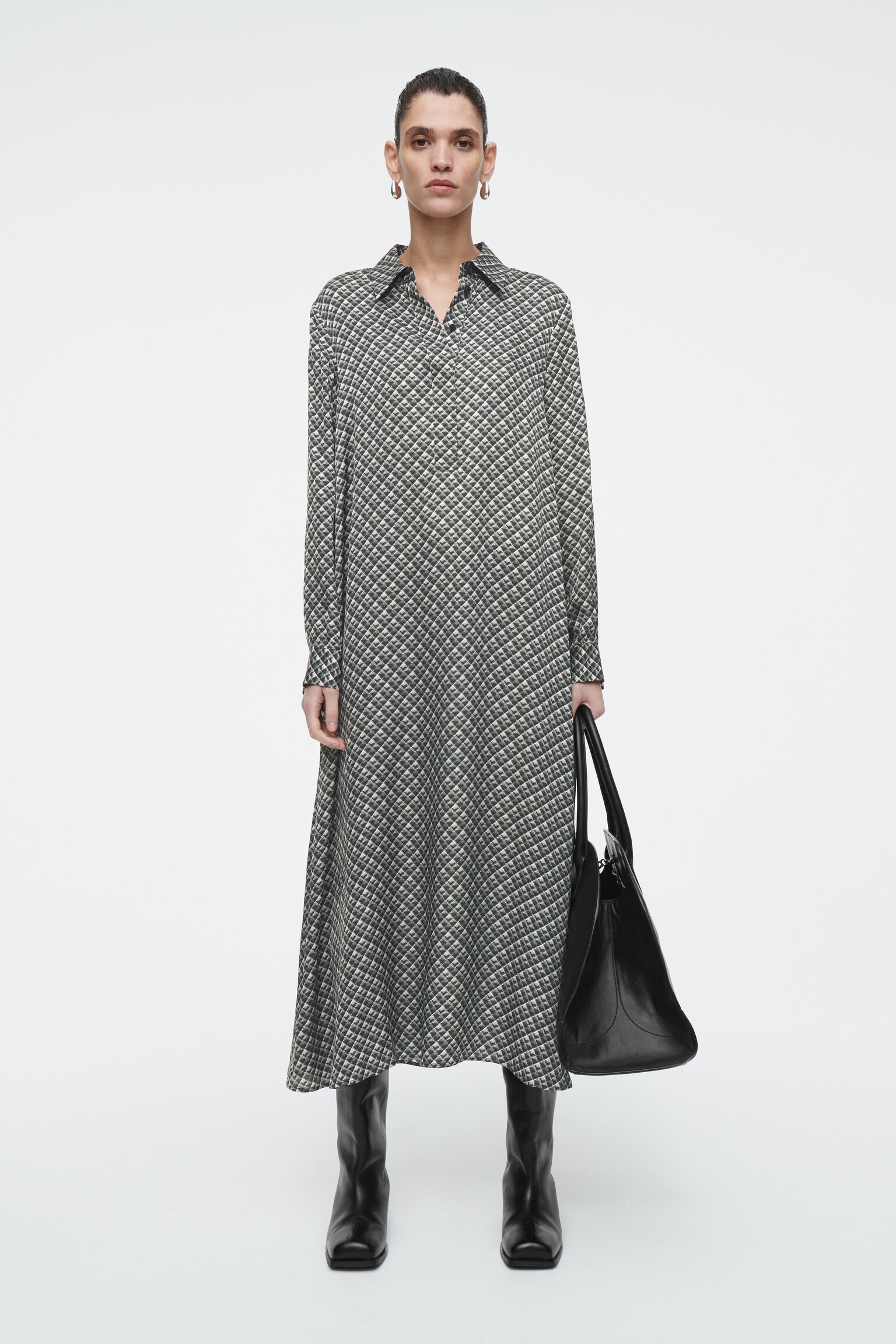 GEOMETRIC-PRINT MAXI SHIRT DRESS - DARK GREEN / PRINTED
