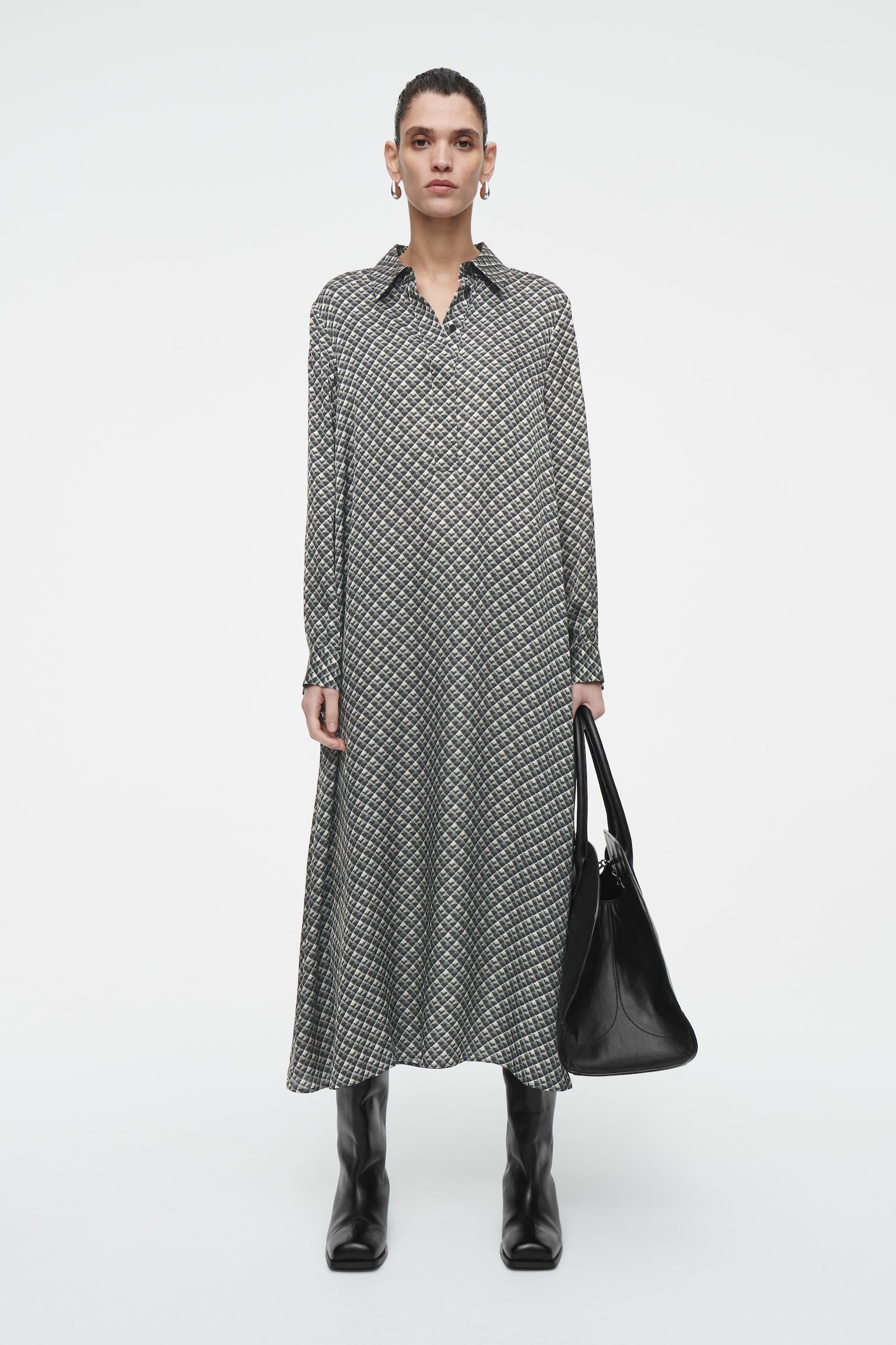 GEOMETRIC-PRINT MAXI SHIRT DRESS - DARK GREEN / PRINTED