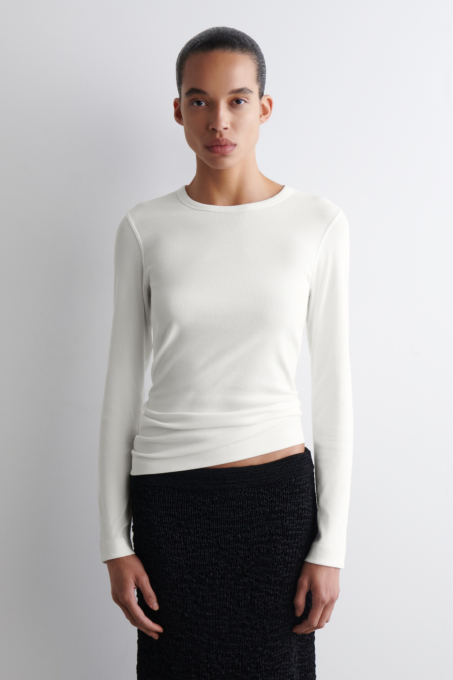 RIBBED JERSEY LONG-SLEEVED TOP - WHITE/BLACK - 1
