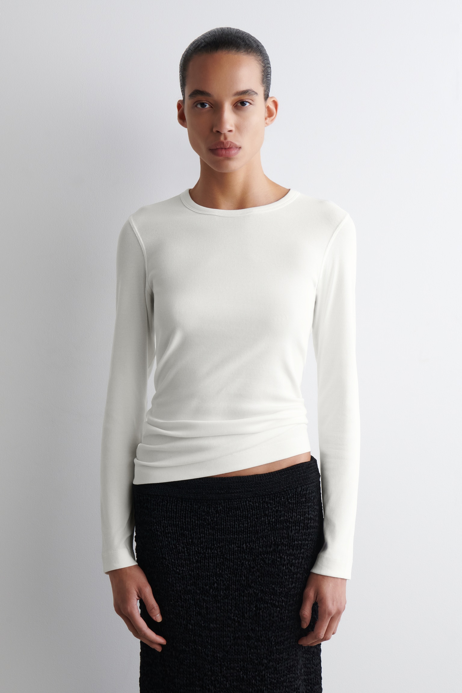 RIBBED JERSEY LONG-SLEEVED TOP - Biela/ČIERNA