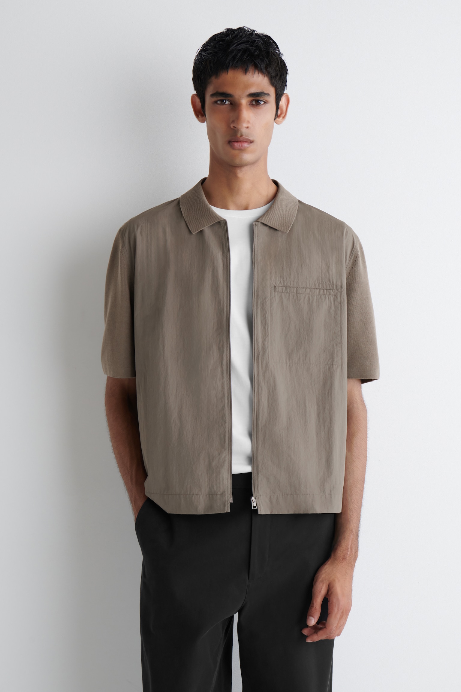 NYLON-PANELLED KNITTED SHIRT - STONE