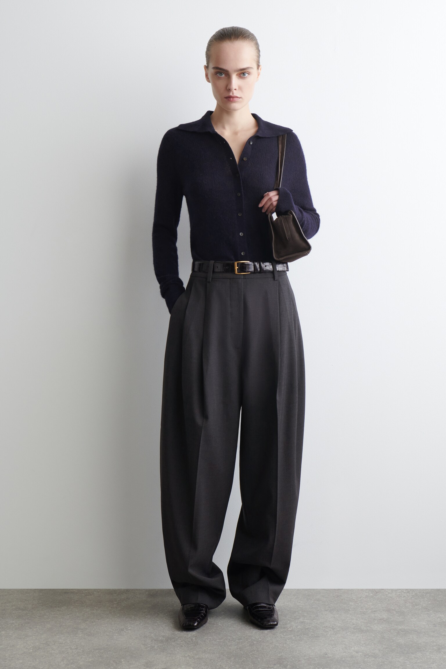 ALPACA MERINO WOOL HIGH-NECK CARDIGAN - NAVY MÉLANGE/BROWN MÉLANGE - 7